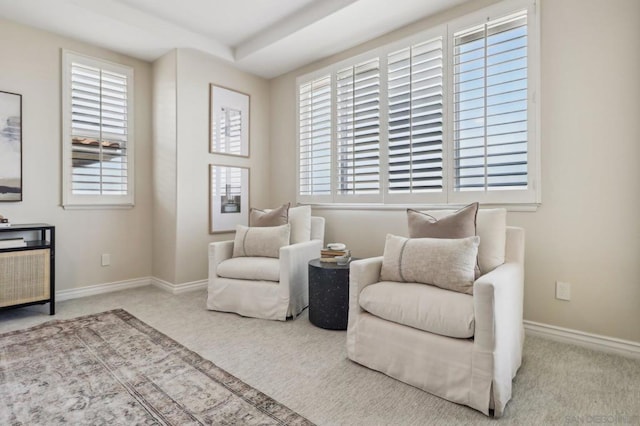 living area with light colored carpet