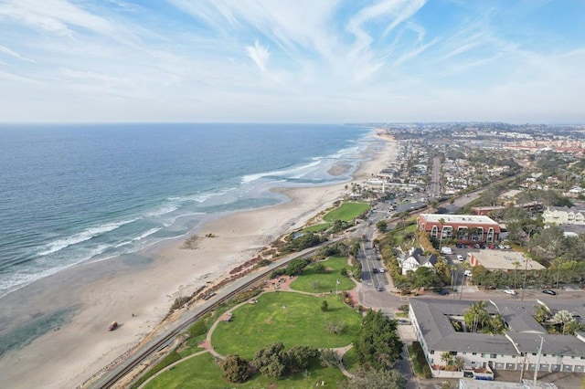 bird's eye view with a view of the beach and a water view