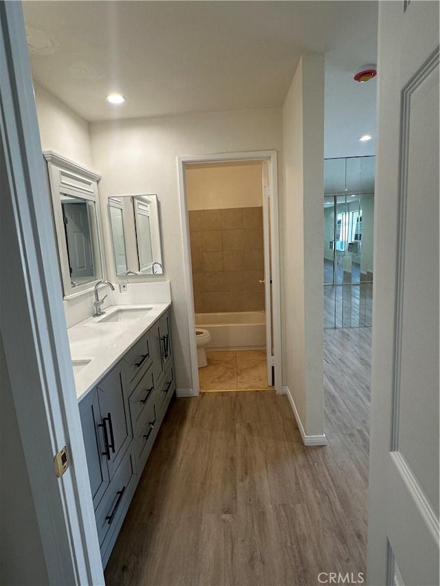 bathroom featuring vanity, wood-type flooring, and toilet