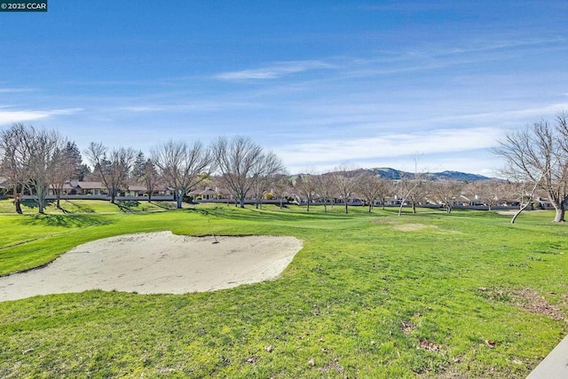 view of community featuring a mountain view and a yard