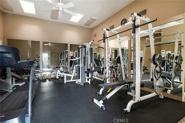 exercise room featuring ceiling fan