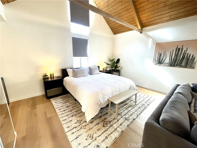 bedroom featuring wood ceiling, wood-type flooring, and vaulted ceiling with beams