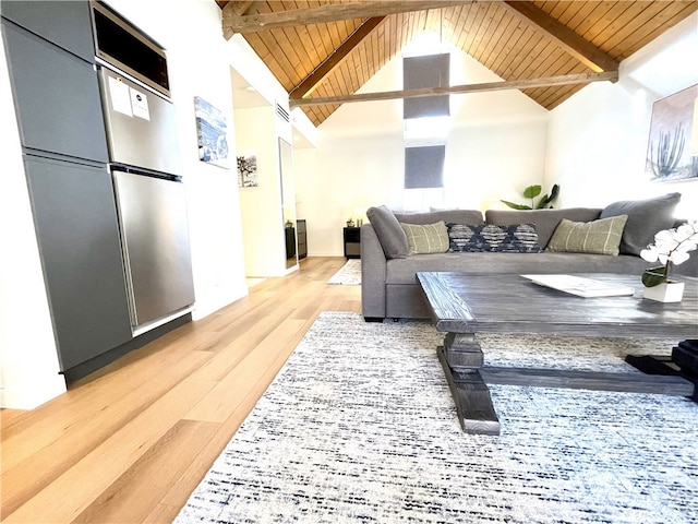 living room featuring wood-type flooring, high vaulted ceiling, wooden ceiling, and beam ceiling