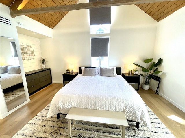 bedroom featuring high vaulted ceiling, beam ceiling, light hardwood / wood-style floors, and wooden ceiling