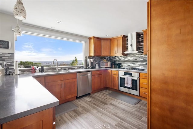 kitchen featuring wall chimney exhaust hood, appliances with stainless steel finishes, a sink, and decorative backsplash