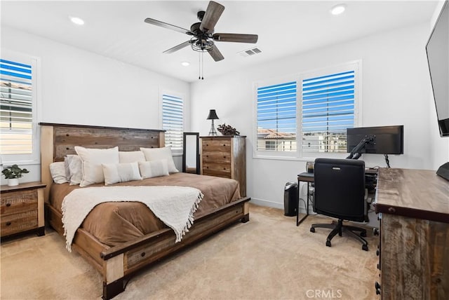 92 Juniper Dr, Rancho Mission Viejo, CA 92694 - bedroom featuring visible vents, baseboards, a ceiling fan, recessed lighting, and light colored carpet