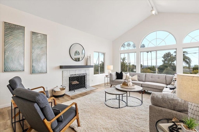 living room featuring high vaulted ceiling, a fireplace, and light wood-type flooring