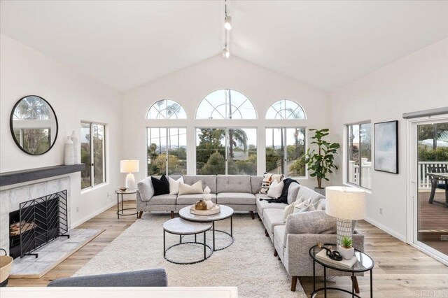 living room featuring plenty of natural light, light hardwood / wood-style floors, and a tile fireplace