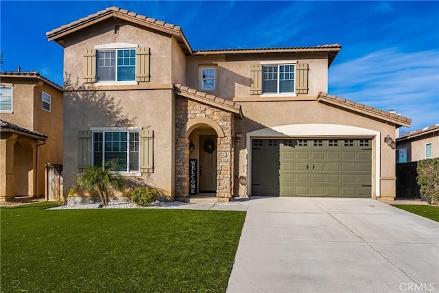 mediterranean / spanish home featuring stone siding, a front yard, and stucco siding