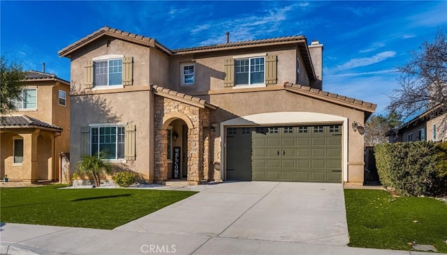 mediterranean / spanish-style house featuring a garage, concrete driveway, stone siding, a front lawn, and stucco siding