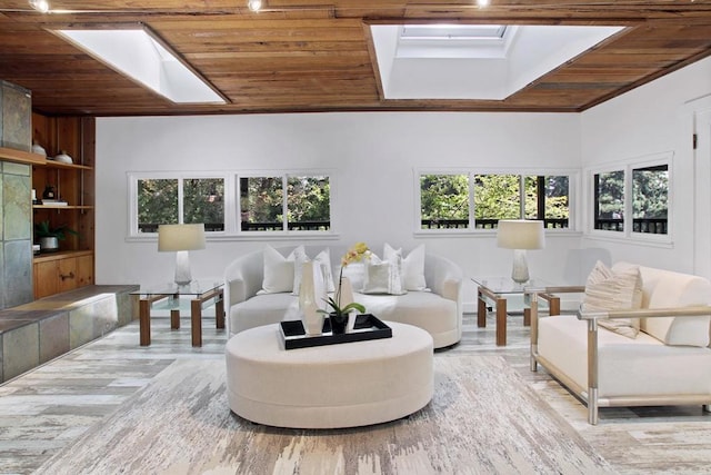 living room with a skylight and wooden ceiling