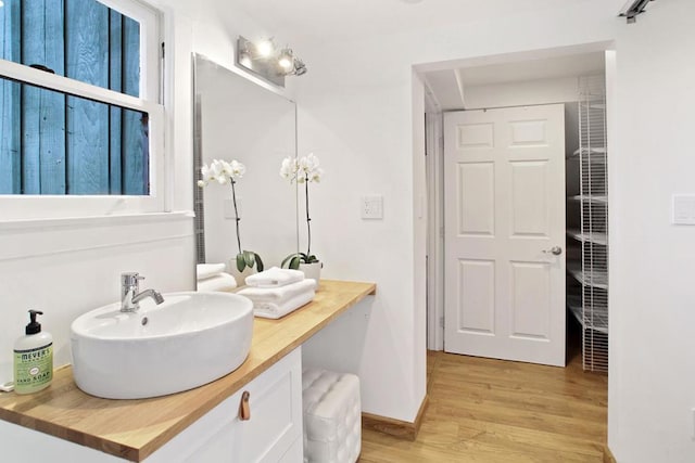 bathroom with hardwood / wood-style flooring and vanity