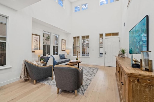 living room featuring a towering ceiling and light hardwood / wood-style floors