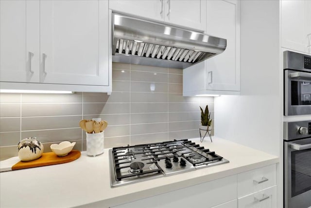 kitchen with tasteful backsplash, stainless steel appliances, ventilation hood, and white cabinets