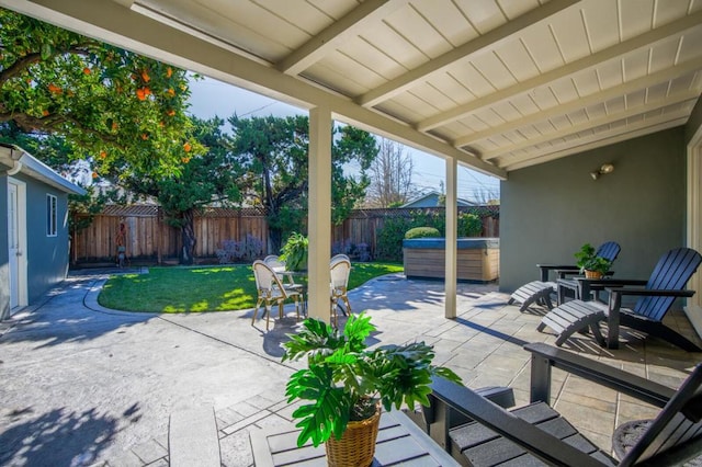 view of patio / terrace featuring a hot tub