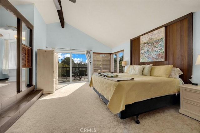 bedroom with high vaulted ceiling, light colored carpet, access to exterior, ceiling fan, and beam ceiling