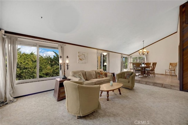 living room featuring crown molding, lofted ceiling, light colored carpet, and an inviting chandelier