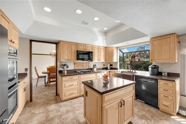 kitchen featuring sink, black appliances, a raised ceiling, and a kitchen island