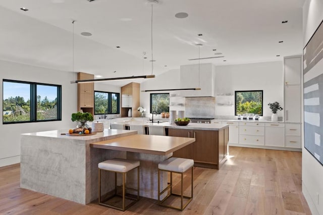 kitchen with a large island, sink, light hardwood / wood-style floors, and white cabinets