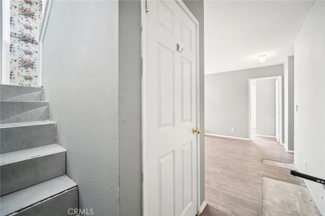 staircase with hardwood / wood-style flooring