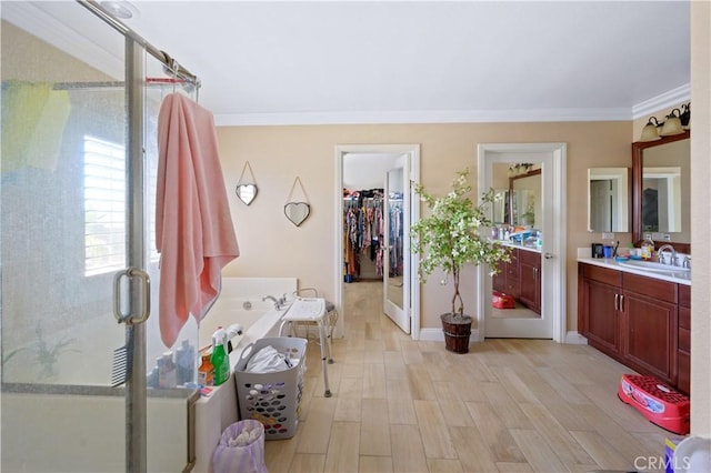 bathroom featuring walk in shower, ornamental molding, vanity, and hardwood / wood-style flooring