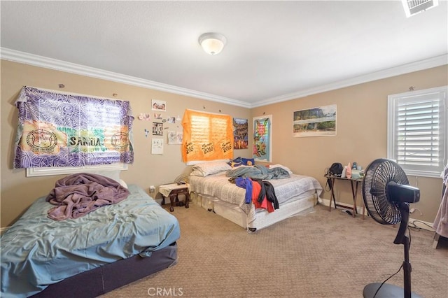 bedroom featuring crown molding and carpet flooring