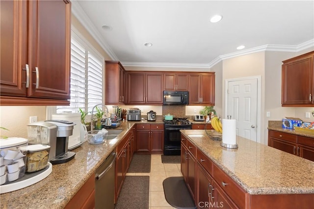 kitchen with sink, crown molding, light stone countertops, gas range, and stainless steel dishwasher