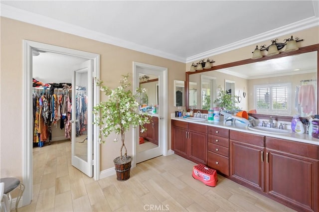 bathroom featuring vanity, wood-type flooring, and crown molding