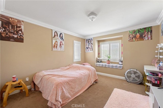 carpeted bedroom with ornamental molding