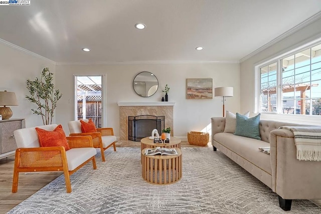 living room featuring crown molding, light hardwood / wood-style flooring, and a premium fireplace