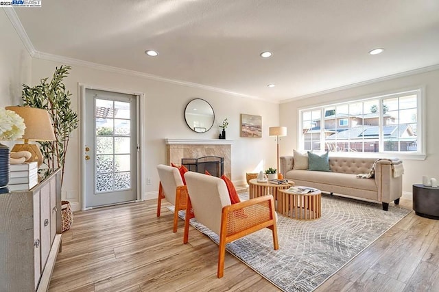 living room featuring ornamental molding, a fireplace, and light hardwood / wood-style flooring