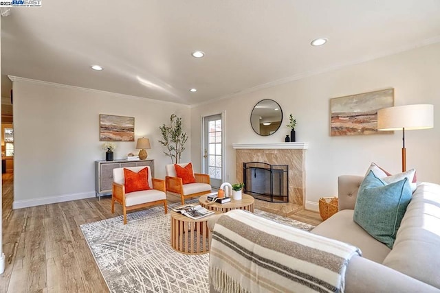 living room featuring ornamental molding, light hardwood / wood-style floors, and a premium fireplace