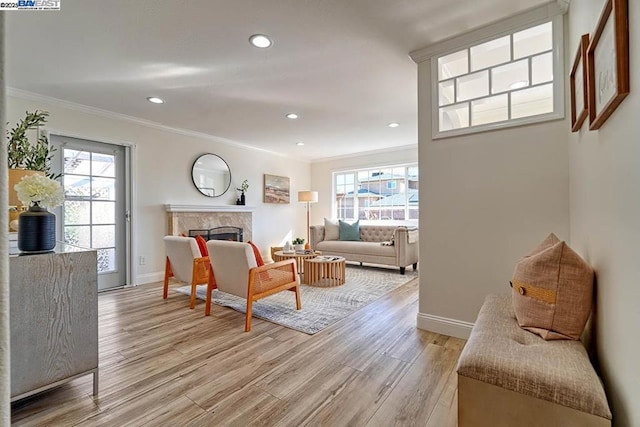 living room featuring crown molding, plenty of natural light, and light hardwood / wood-style flooring