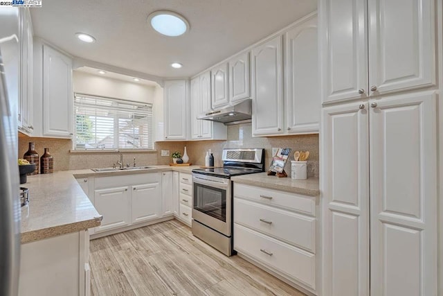 kitchen with tasteful backsplash, white cabinetry, sink, stainless steel range with electric stovetop, and light hardwood / wood-style floors