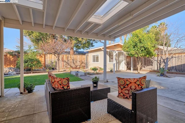 view of patio / terrace featuring an outbuilding and an outdoor hangout area