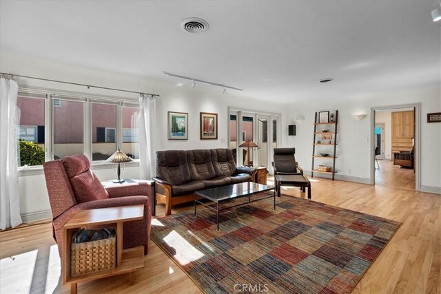 living room with track lighting and light hardwood / wood-style flooring