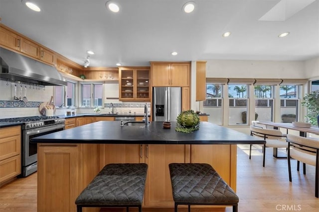 243 Park Ave, Long Beach, CA 90803 - kitchen with appliances with stainless steel finishes, under cabinet range hood, a sink, dark countertops, and recessed lighting