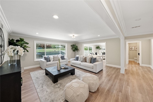 living room with crown molding and light wood-type flooring