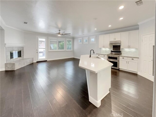 kitchen with a tile fireplace, sink, white cabinets, range with two ovens, and a kitchen island with sink