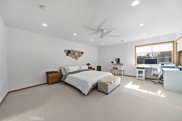 carpeted bedroom featuring ceiling fan