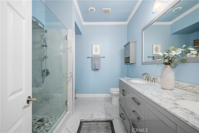 bathroom featuring crown molding, vanity, toilet, and an enclosed shower