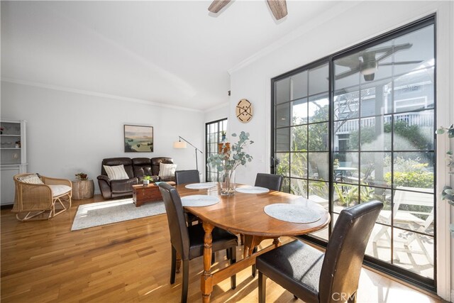 dining room featuring crown molding, hardwood / wood-style flooring, and ceiling fan