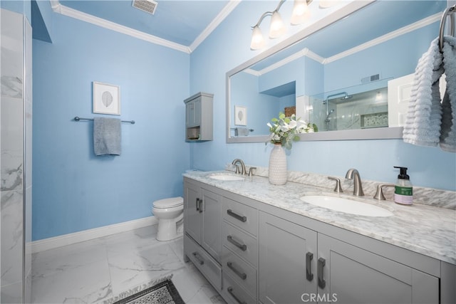 bathroom with crown molding, toilet, vanity, and walk in shower