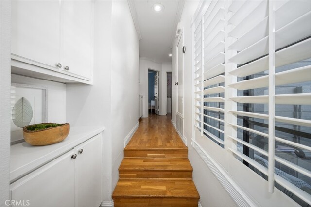 corridor with crown molding and hardwood / wood-style floors