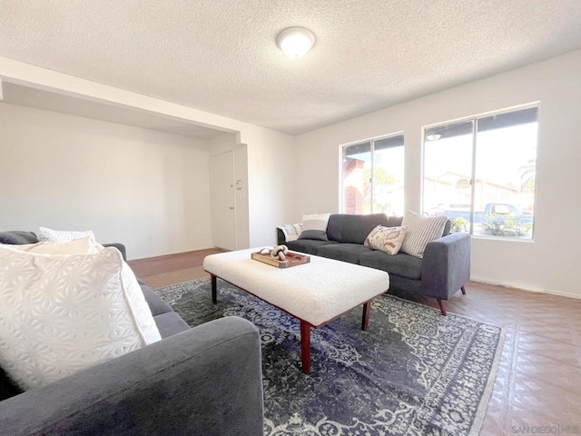 living room with a textured ceiling