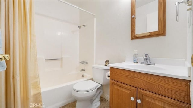 full bathroom featuring tile patterned flooring, vanity, shower / bathtub combination with curtain, and toilet