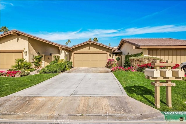 266 Running Springs Dr, Palm Desert, CA 92211 - ranch-style house featuring an attached garage, stucco siding, a front lawn, and concrete driveway