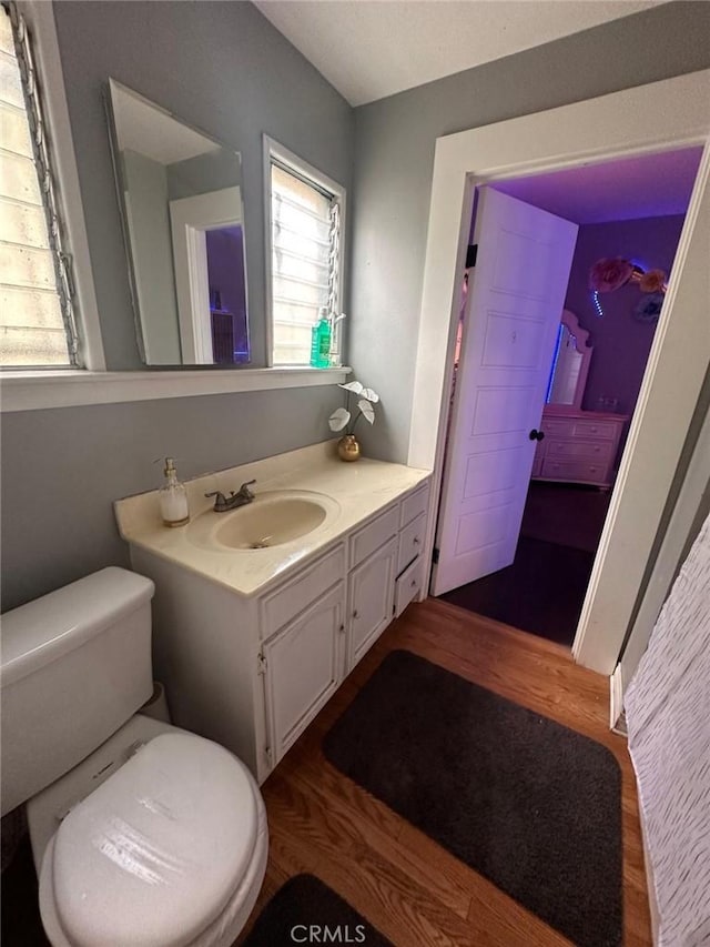 bathroom with toilet, wood finished floors, and vanity