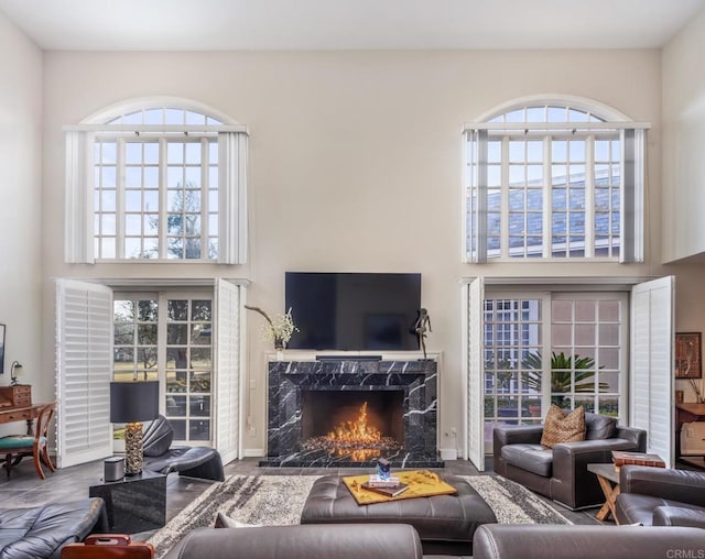 living room featuring a towering ceiling and a premium fireplace