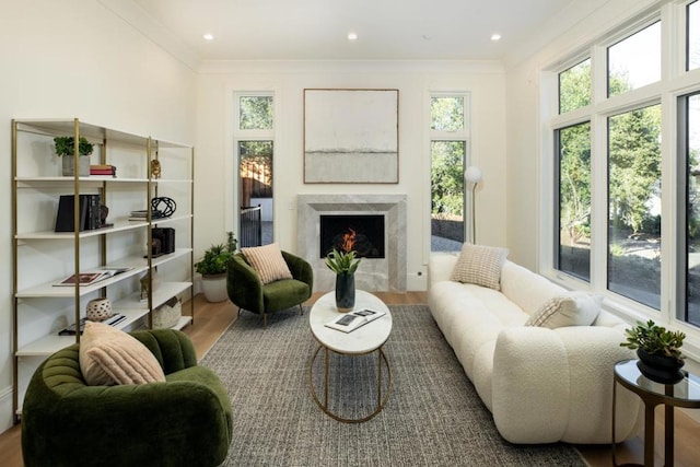 sitting room with hardwood / wood-style flooring, ornamental molding, and a fireplace